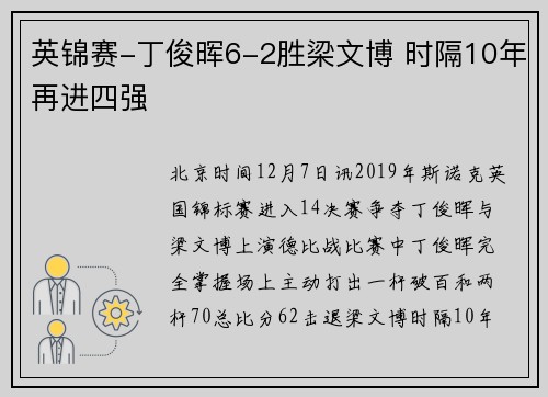 英锦赛-丁俊晖6-2胜梁文博 时隔10年再进四强