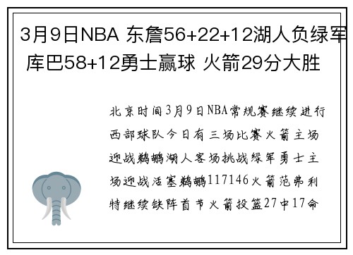 3月9日NBA 东詹56+22+12湖人负绿军 库巴58+12勇士赢球 火箭29分大胜