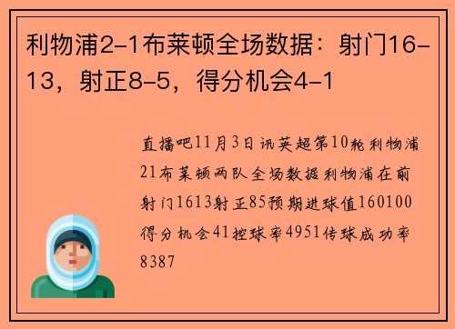 利物浦2-1布莱顿全场数据：射门16-13，射正8-5，得分机会4-1