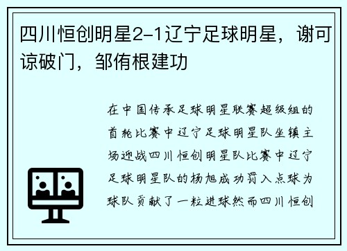 四川恒创明星2-1辽宁足球明星，谢可谅破门，邹侑根建功
